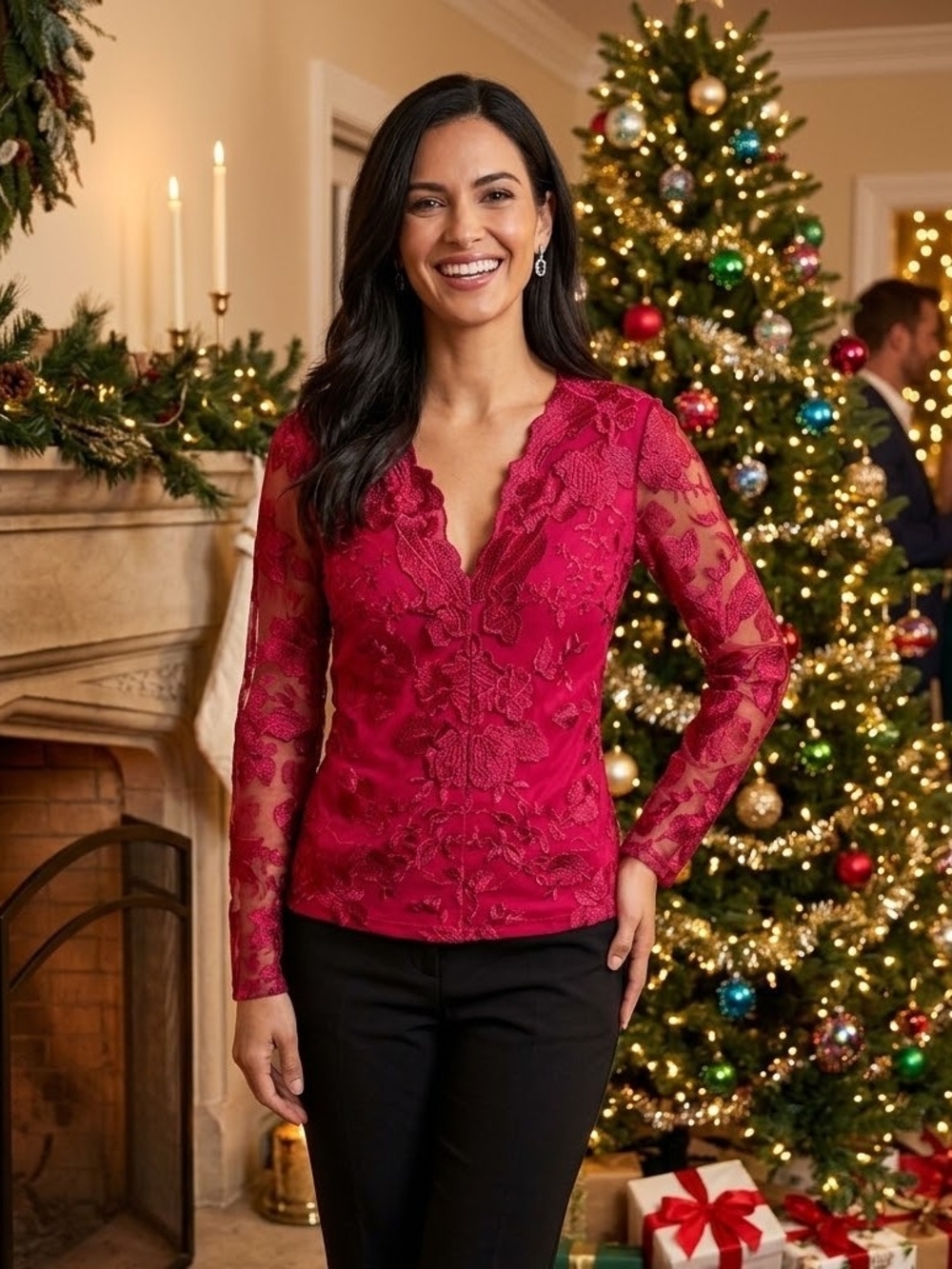 Boston Proper Red Lace V-Neck Long-Sleeve Top